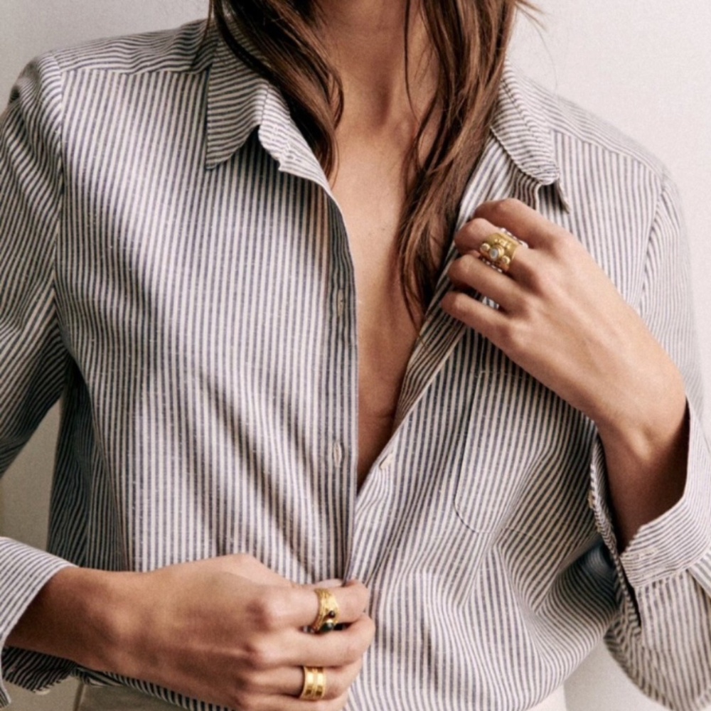 Sezane Tomboy Button Down Shirt - Ecru and Blue
